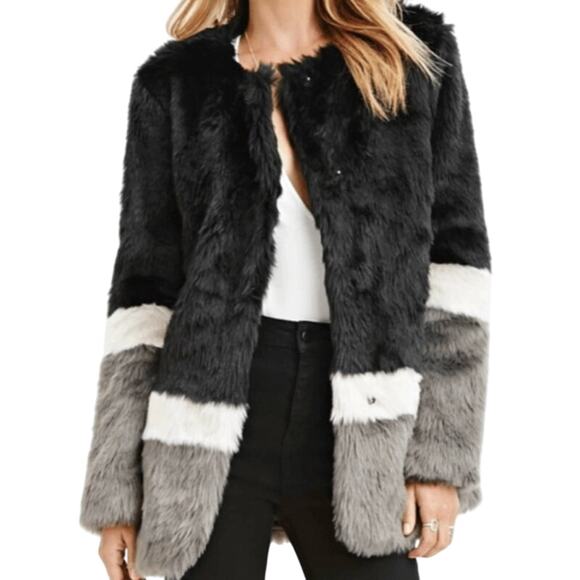 Forever 21 Colorblock Faux Fur Jacket Black White Gray Size Medium - Picture 1 of 5
